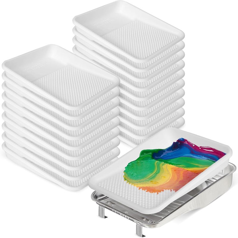 UNVERT Paint Tray Liner Set Includes 9" Reusable Metal Paint Trays & 20 Pack of 9 inch White Plastic Paint Tray Liners, Paint Roller Tray, Set for Household or Construction Use - Image 1
